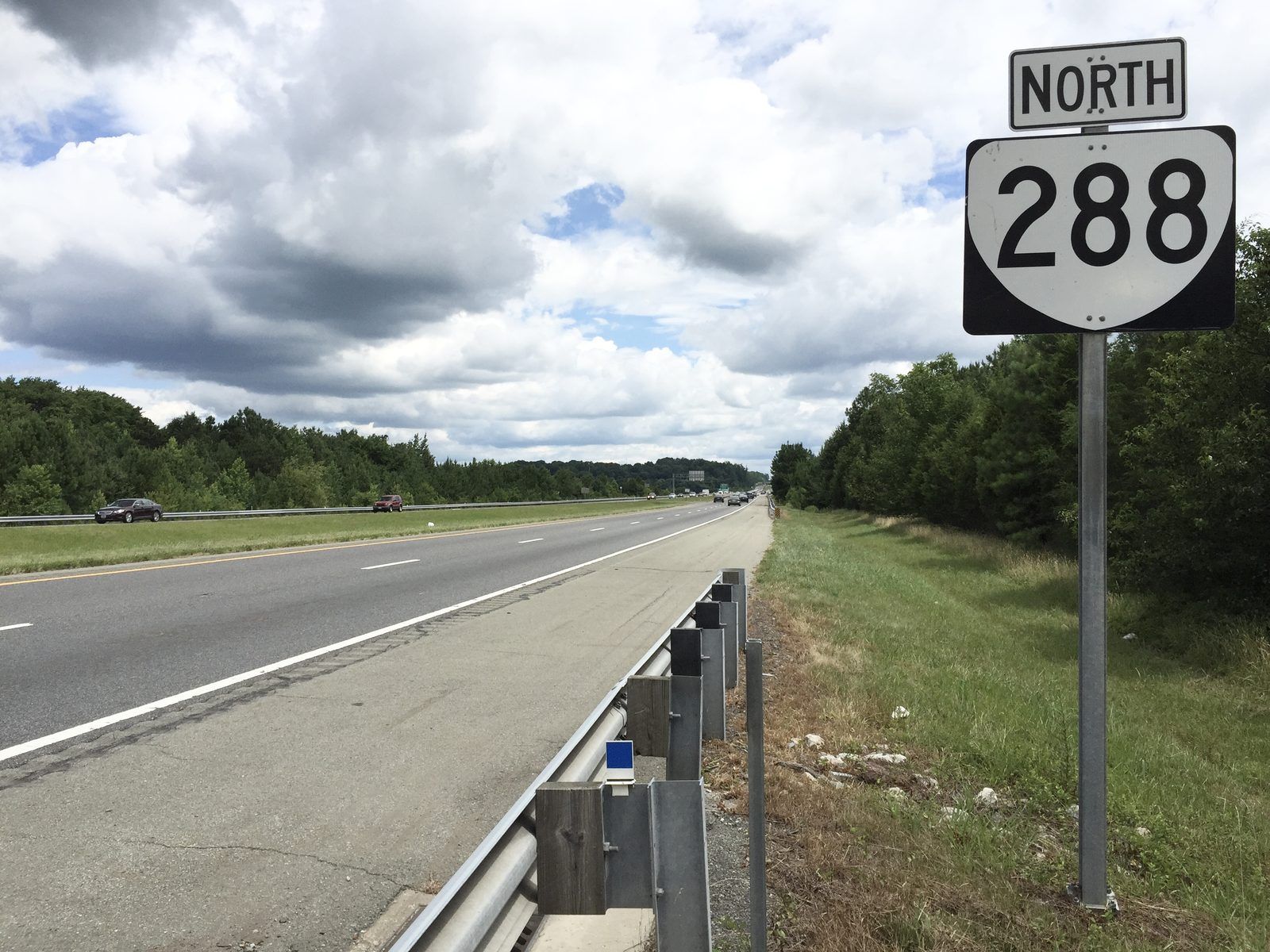 2017-07-07 11 44 42 View north along Virginia State Route 288 (World War II Veterans Memorial Highway) just north of Huguenot Trail (Virginia State Secondary Route 711) in eastern Powhatan County, Virginia